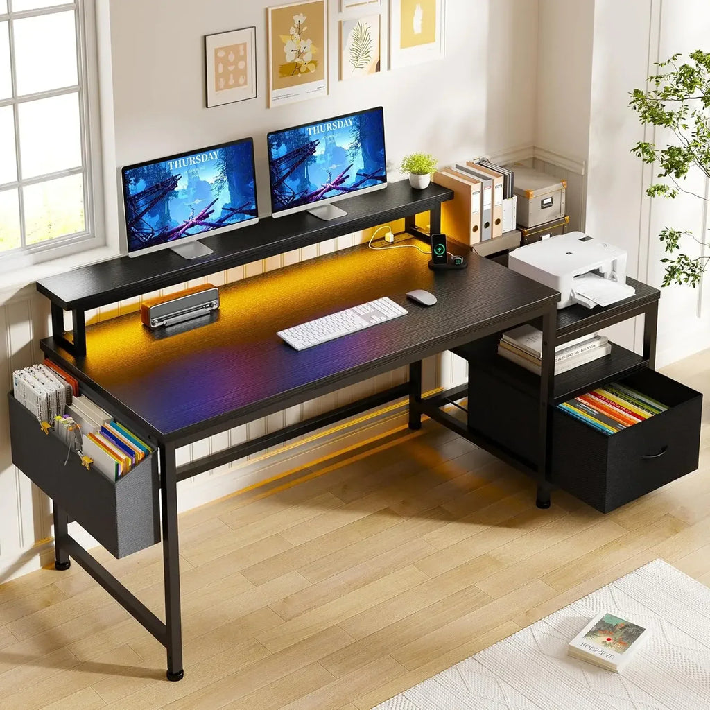 Gaming Desk with Drawers and Printer Space,Computer Desk with File Drawers Cabinet,Study Writing Office Desk