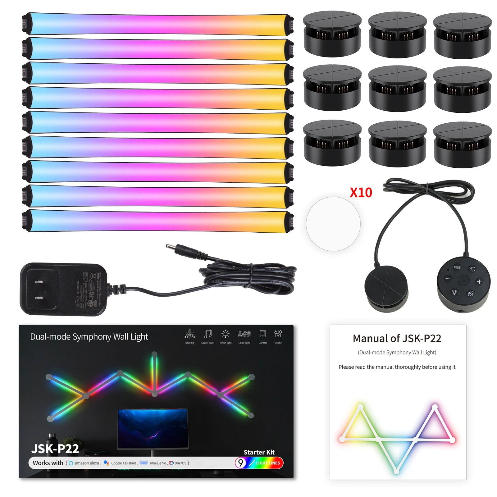 Smart RGB LED Wall Light Lines, Dimmable DIY Wall Gaming Light Music Sync for Gaming Room, Living Room (9 Pcs Black or White)