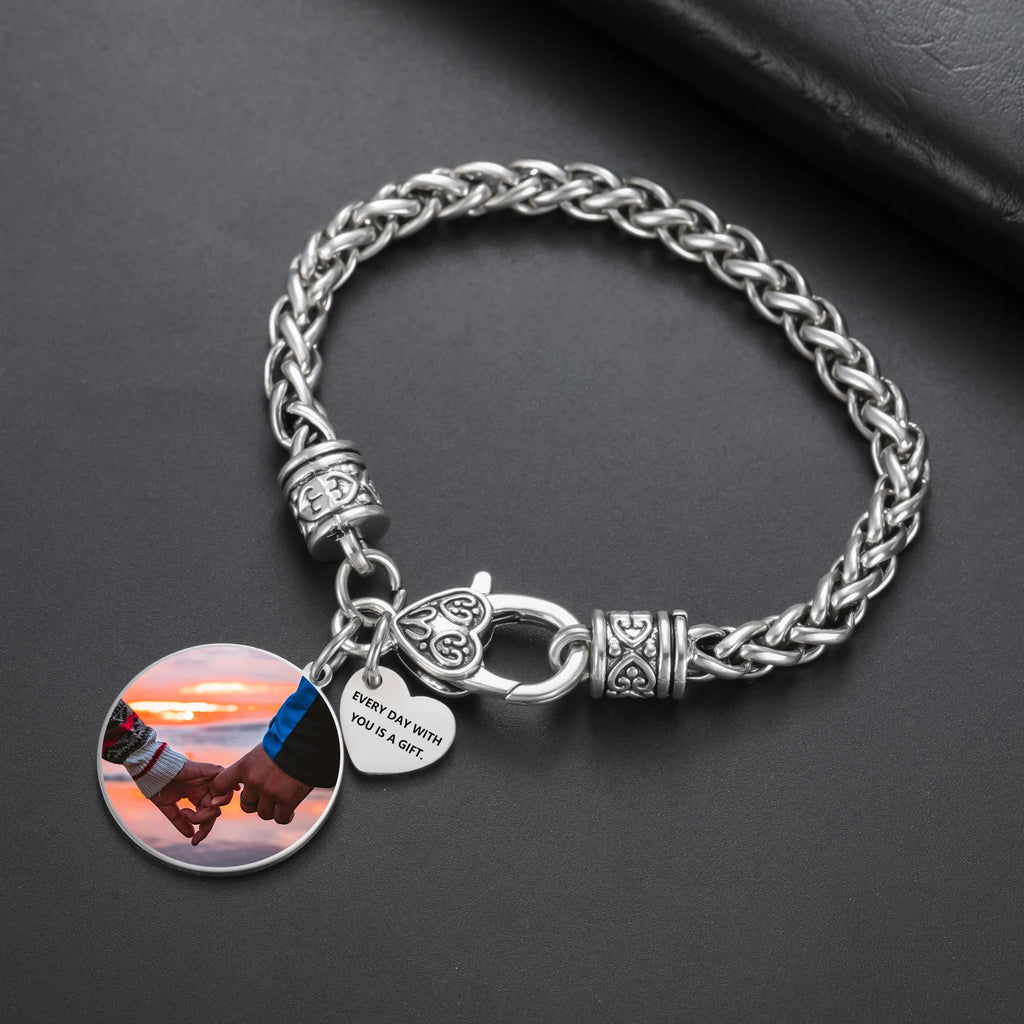 Lemegeton Personalisiertes Fotoarmband mit rotem und schwarzem Seil, runder Anhänger, Edelstahlschmuck für Damen und Herren, personalisierte Trendgeschenke