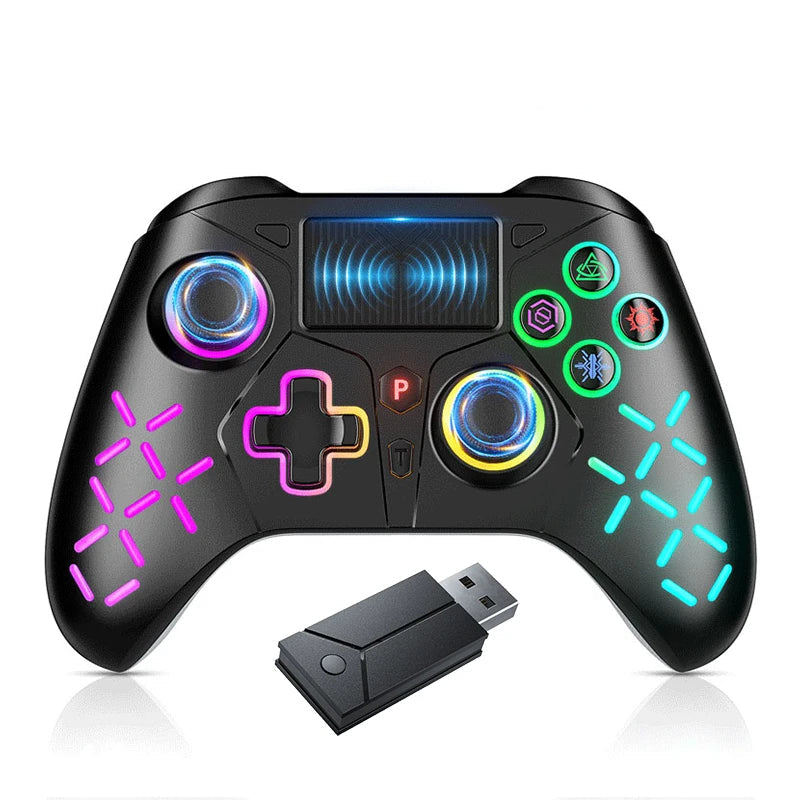 Black gaming controller with colorful LED lights and a USB dongle on a white background.