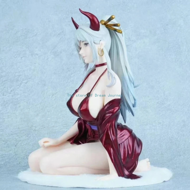 One Piece Kimono Yamato GK Figure, kneeling pose, red kimono with long silver hair, red devil horns on the head