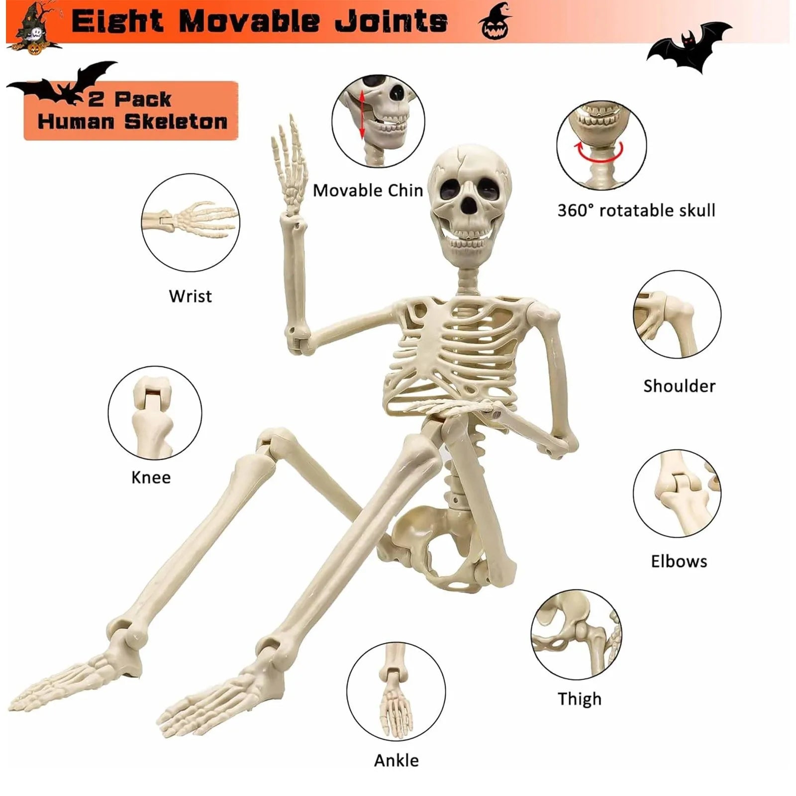 1pc Realistic Life Size Human Body Joints Skeleton Skull Adjustable Joints For Halloween Festival Horror Ornament