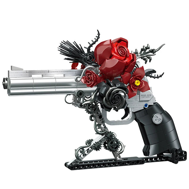 MOC Mechanical Retro Rose Revolver Building Blocks West Cowboy Pistol Guns Flowers Bricks Toys Collection Ornaments Kids Gifts