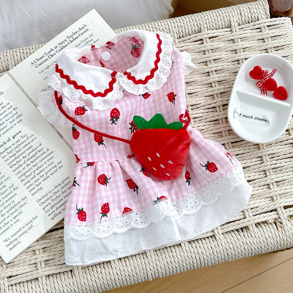Erdbeerkleid für Hunde, Sommer, Frühling, niedlich, kariert, für Frauen, Mädchen, Welpen, Haustier, Katze, Kleidung, Kleidung, Yorkie, Chihuahua, kleine und mittelgroße Möpse