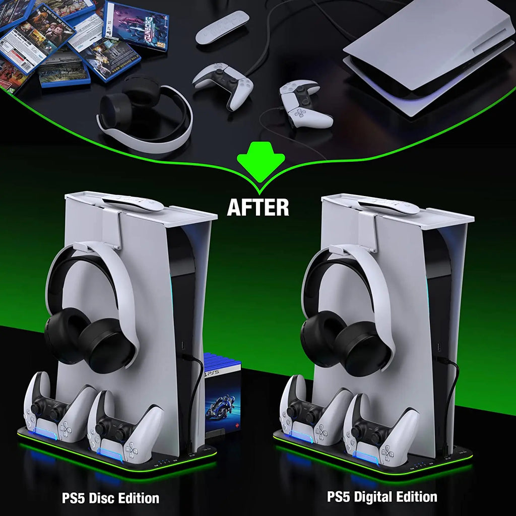 PS5 Stand and Turbo Cooling Station with Controller Charging Station for Playsation 5 Digital/Disc,RGB Light, Headset Holder