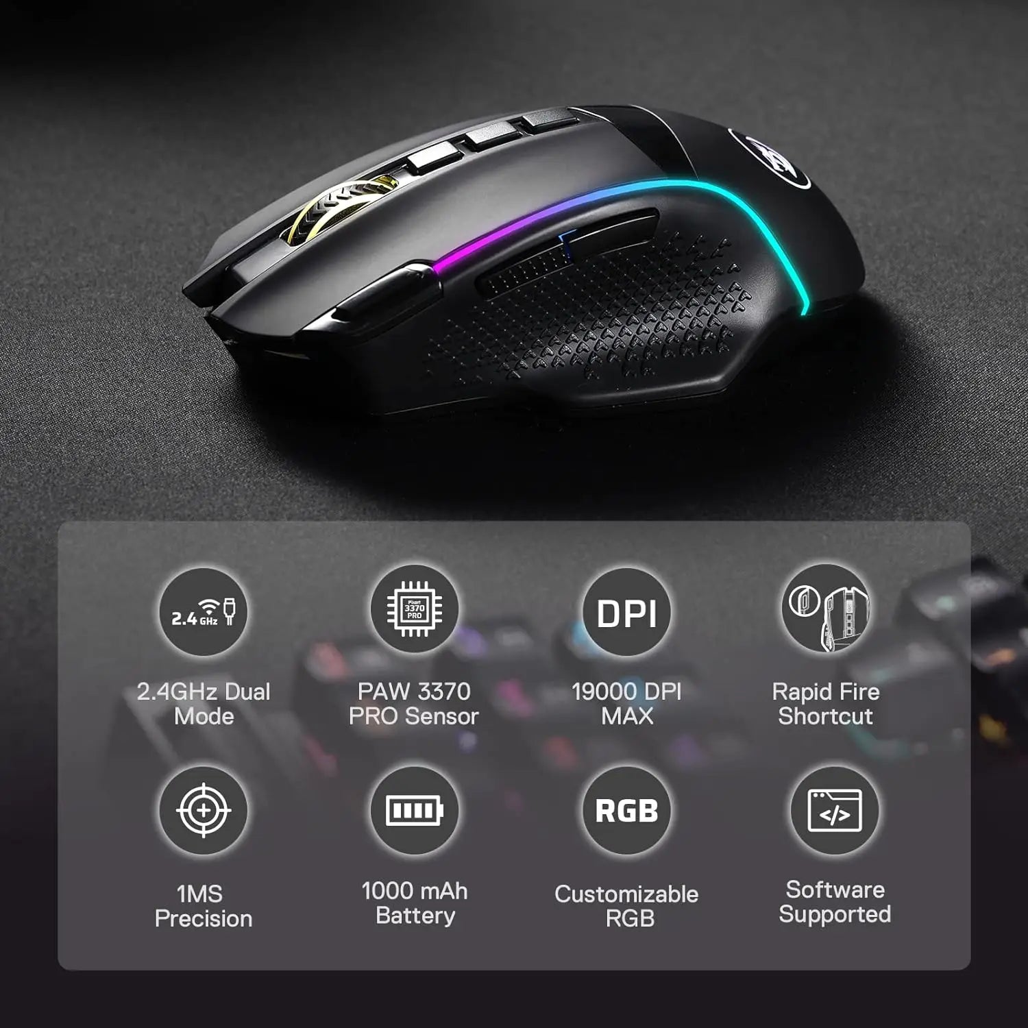 Безжична геймърска мишка Redragon M991, 19000 DPI, кабелна/безжична, с RGB подсветка на клавишите Rapid Fire