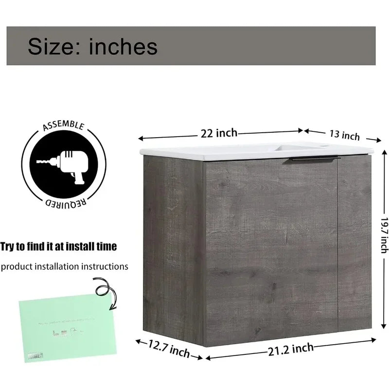 22 Inch Wall Mounted Bathroom Vanity with Ceramic Sink Top - Modern Design, Single Door, Floating Style