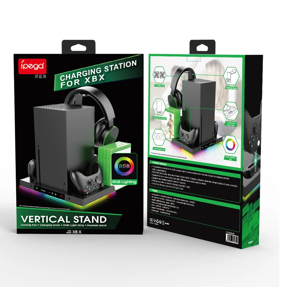 Lüfterständer und Ladestation für Xbox Series X-Konsole und -Controller mit 15RGB-Farblicht, Lagerung mit 3-stufigem Lüftersystem