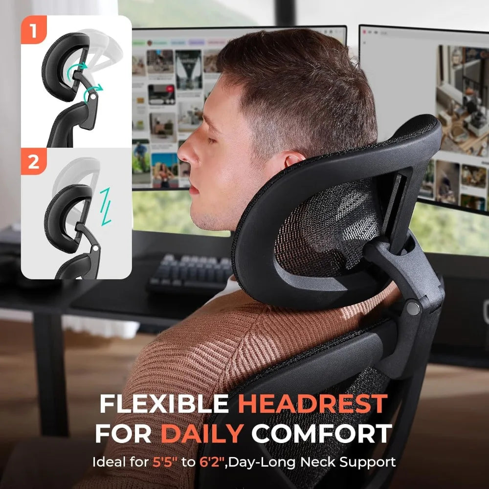 Ergonomischer Netz-Bürostuhl, verstellbarer Schreibtischstuhl mit hoher Rückenlehne und Lendenwirbelstütze (180 kg), 4D-Klapparme, 3-stufig neigbare Rückenlehne, 3D-Kopfstütze