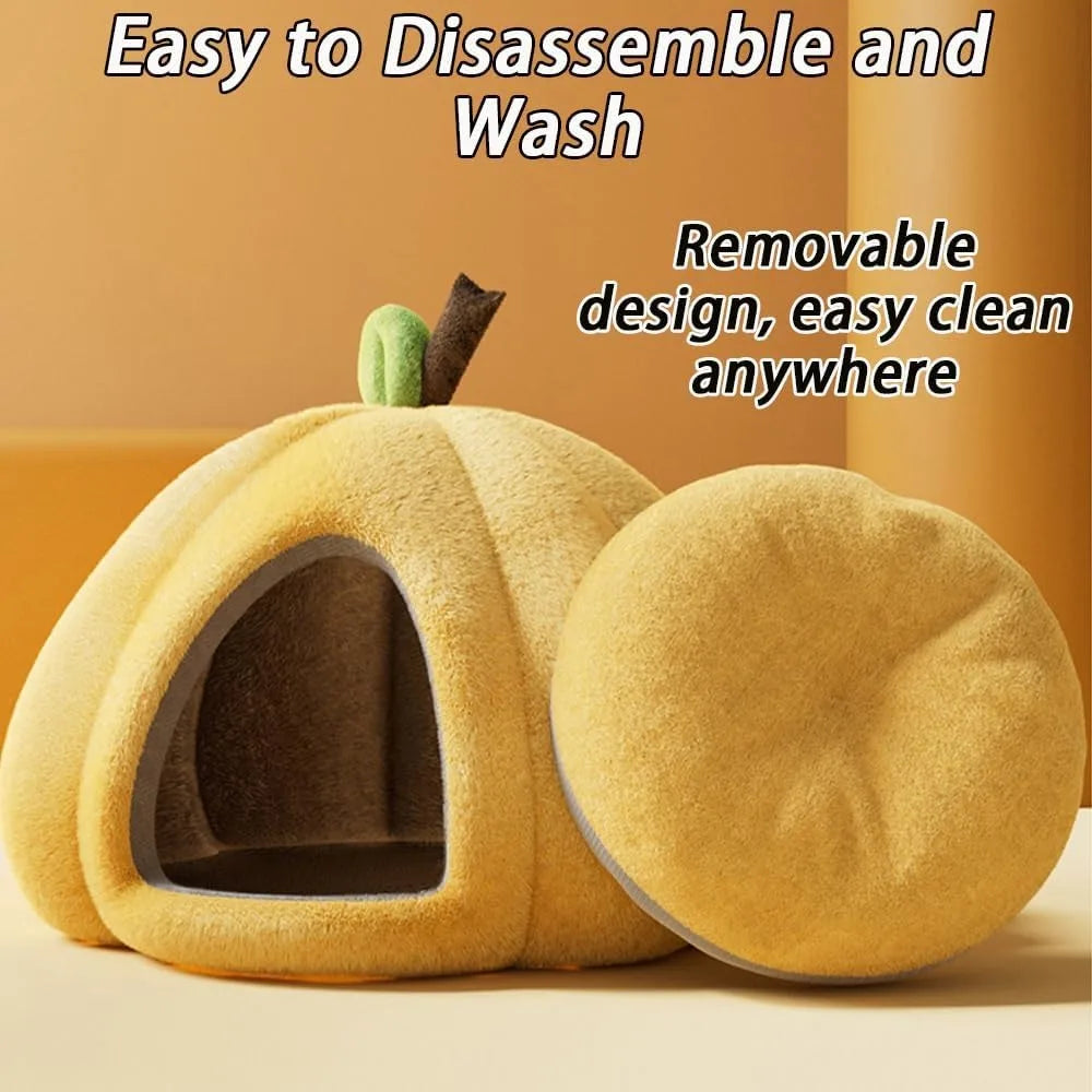 cozy pumpkin-shaped pet bed with removable mat, ideal for cats and small dogs, complete with warm nest for comfortable sleeping