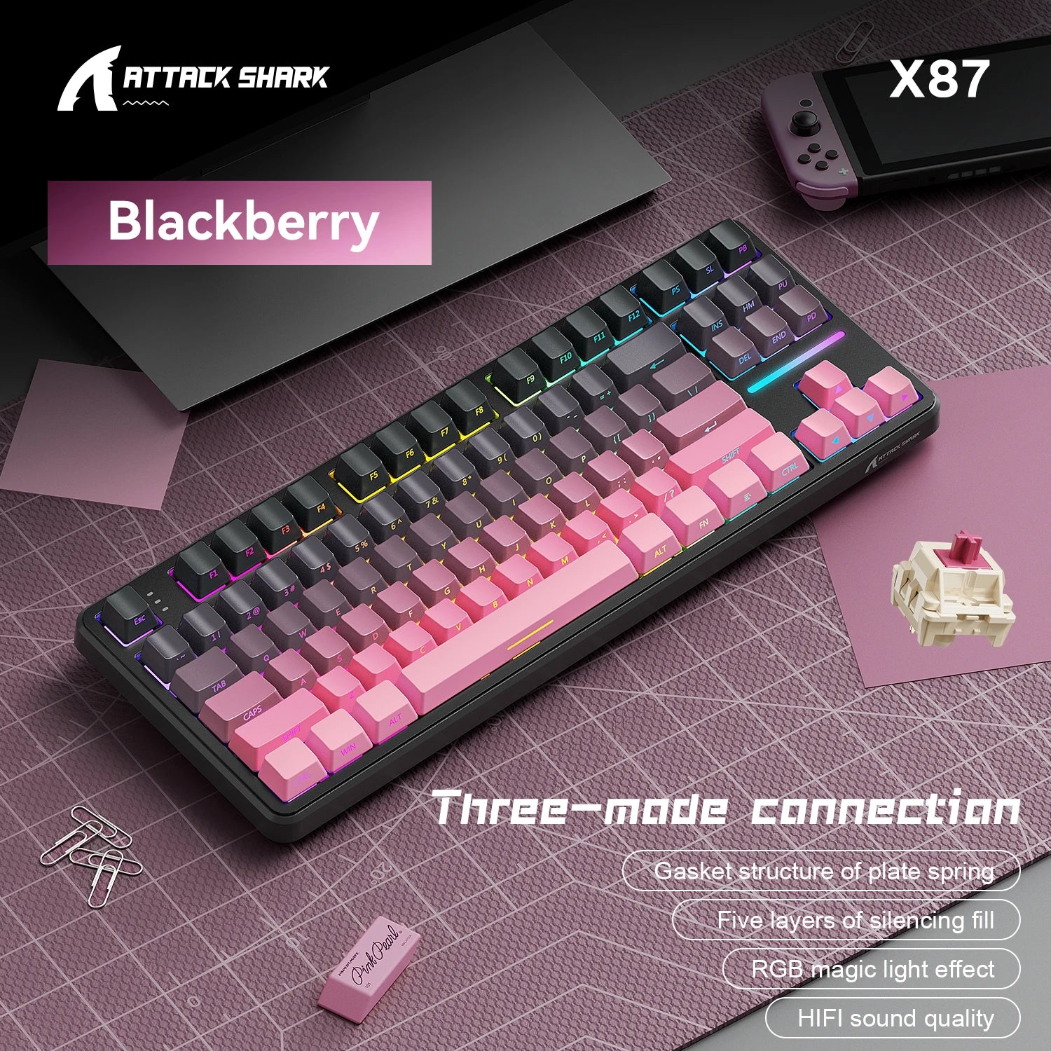 Attack Shark X87 Macro Drive Gaming Keyboard,Bluetooth Side Engraved Translucent Character Mechanical Keyboard,RGB,Hot-Swap