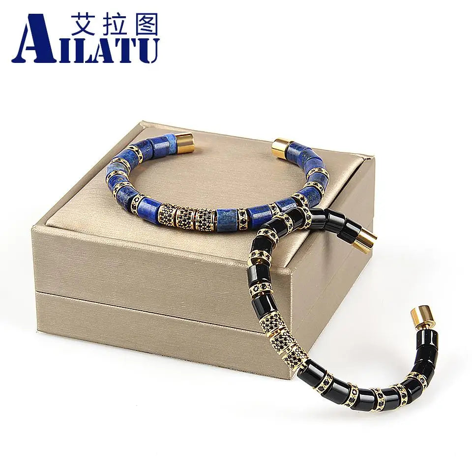 Ailatu 5 teile/los Edelstahl Armreifen Naturstein Zylinder Perlen Armbänder Luxus Männer Schmuck Top Qualität