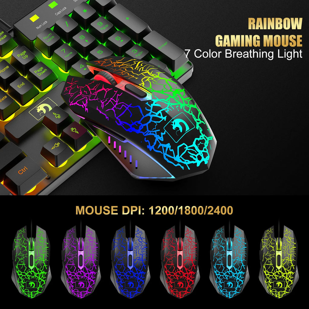 MANBASNAKE T11 Kabelgebundene Gaming-Tastatur und Maus-Headset-Kombination, Kabelgebundene Tastatur mit Regenbogen-LED-Hintergrundbeleuchtung