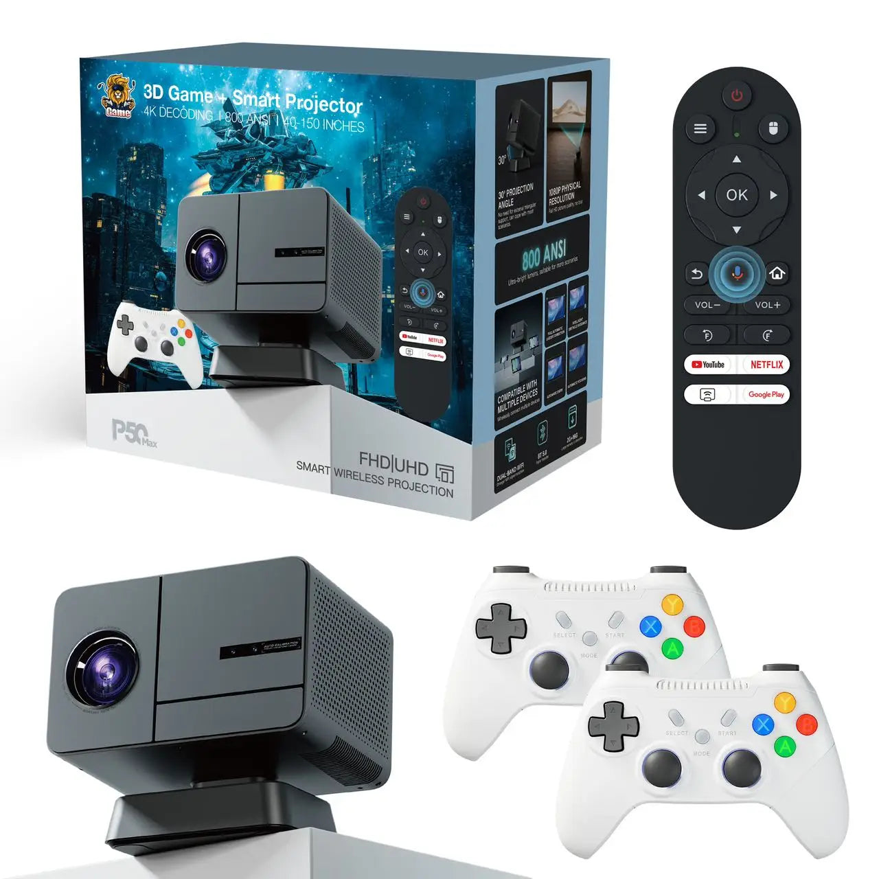 P50 MAX Home LED Gaming Projector HD Supports 4K Blu ray Full Auto Focus TV Video game controller H713 1080P 2+16GB 450 lumens