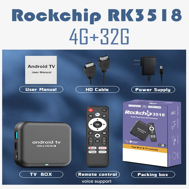 Android 16.0 TV BoxRockchip RK3518 Q18 Smart TV Box 8K Google Assistant Netflix Multimedia Player 2.4G 5G Wifi 6 BT5.4 128G ATV