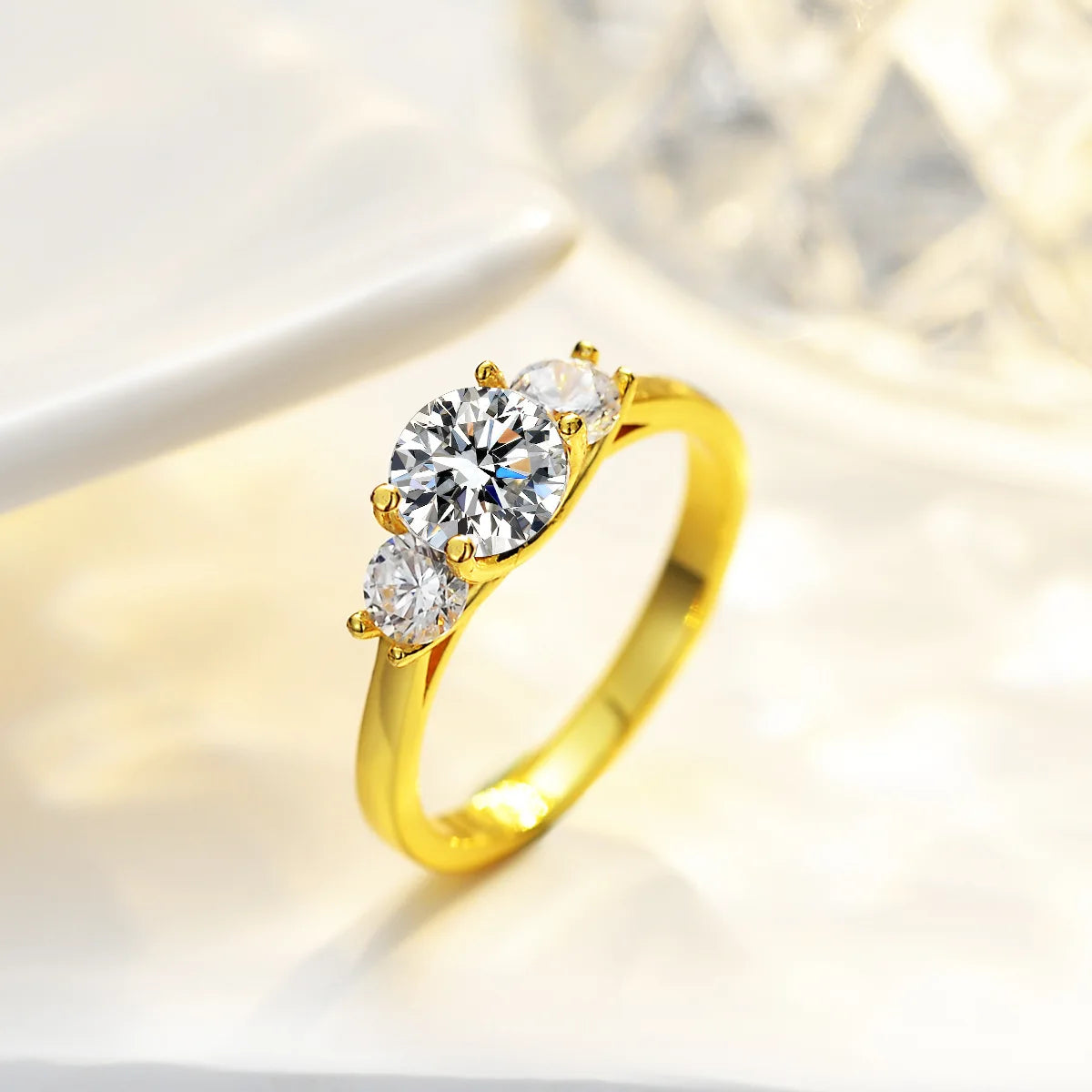 Women's 24K AU999 Gold Ring - 1 Carat 6.5MM Round Moissanite, Elegant Jewelry Piece