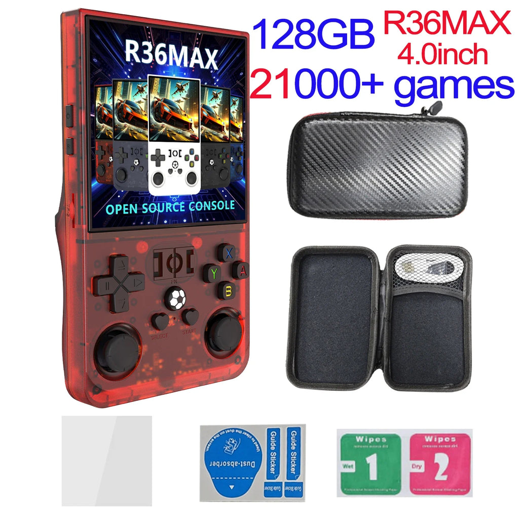 R36MAX Игрална конзола 64GB 128GB 18000+ ИГРИ Linux система 4.0-инчов K36 срещу R36S 3.5-инчов джобен видео плейър. Не е необходимо изтегляне.