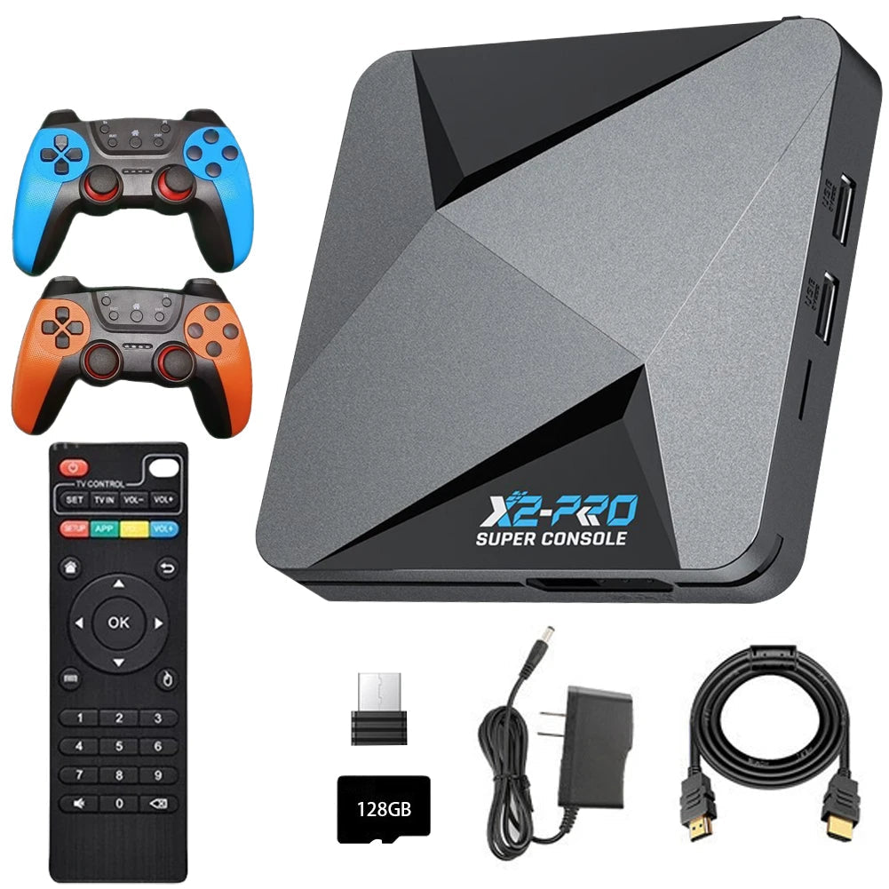 X2-PRO Super Console with controllers, remote, power adapter, and cables on a white background