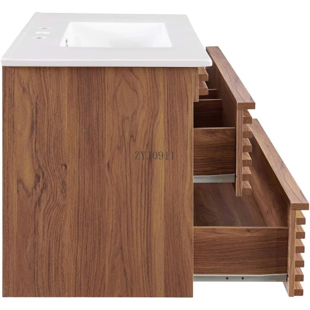 36" Wall-Mount Bathroom Vanity in Walnut White   bathroom vanity cabinet with sink