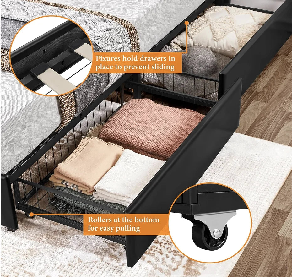 Gepolsterter Bettrahmen in Queen-Size-Größe mit 4 Schubladen und verstellbarem Kopfteil, Plattformbett aus Kunstleder mit Matratzenfundament St