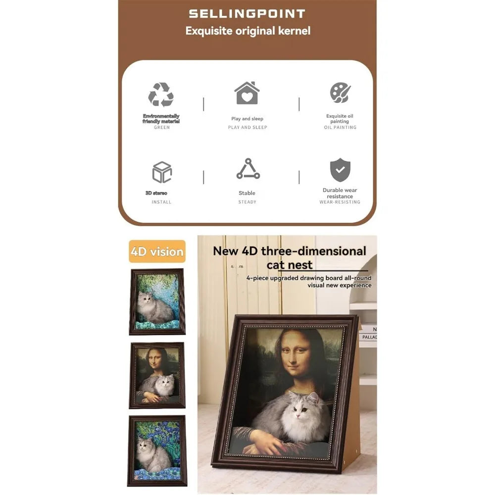 "luxurious mona lisa-inspired cat furniture with scratching post and 3d art panel"