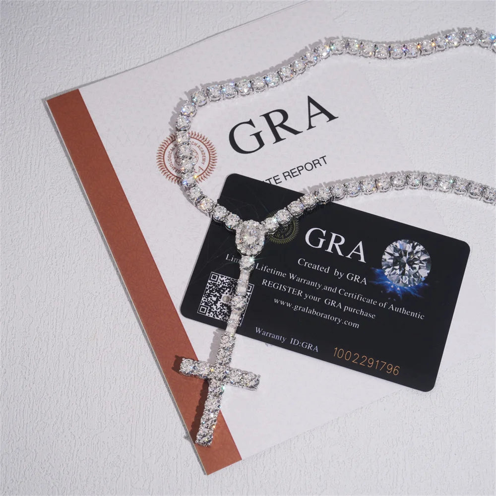 3mm Moissminer VVS Moissanite Long Cross Pendant with Tennis Link Chain Necklaces For Men Women S925 Silver Choker GRA Hip Hop