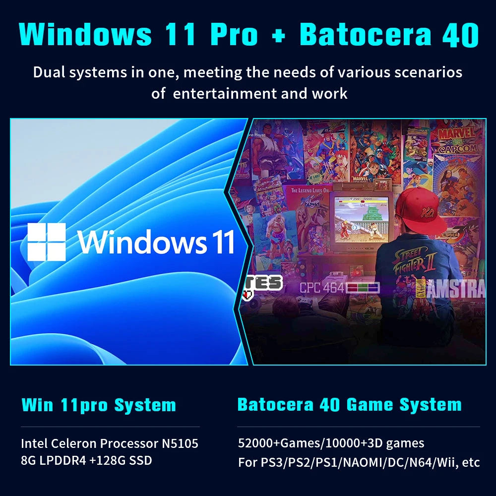 Retro-Videospielkonsole WIN 11 Pro &amp; Batocera OS N100 MINI PC Box 2TB Festplatte 52000+ Spiele 80+ Emulatoren für PS3/PS2/PS1/WII