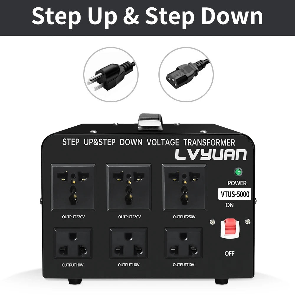 LVYUAN Spannungswandler-Transformator, 500 VA – 5000 VA, Hochleistungs-Aufwärts-/Abwärtstransformator mit US- und EU-Steckdose, 5 V, USB-Anschluss, CE-zertifiziert