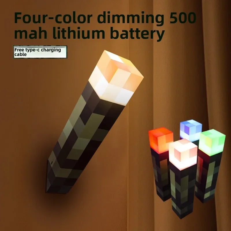 MC Game Brownstone Torch Lamp Figure Colors LED Night Light Bedroom Decorative Table Lamp USB Charging with Buckle Kids Toy Gift