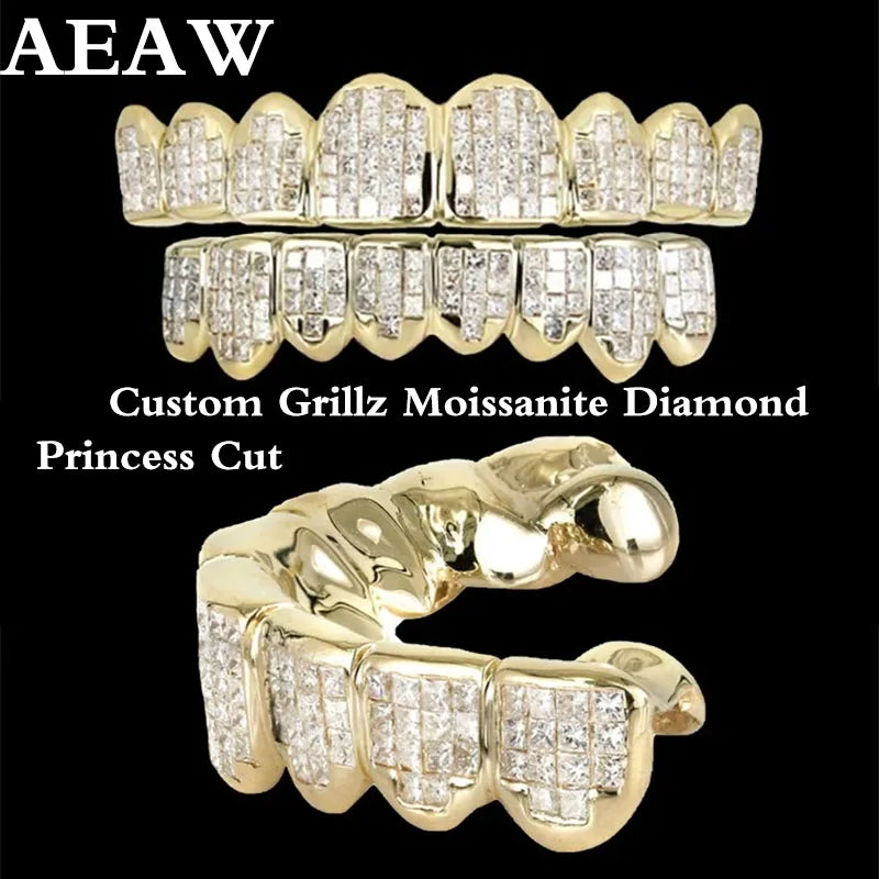 Custom Diamond Teeth Grillz Princess Cut Moissanite Diamond 8Top 8 Bottom Silver 925 Yellow & White Hip Hop Grillz Grill