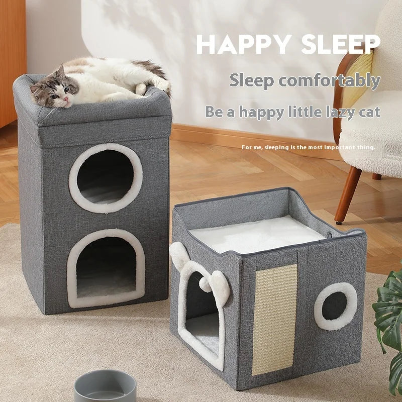 Doppellagiges Katzenbett, faltbares Haustierhaus, warm, halbgeschlossen, groß, waschbar, leicht zu reinigen, die ganze Saison über