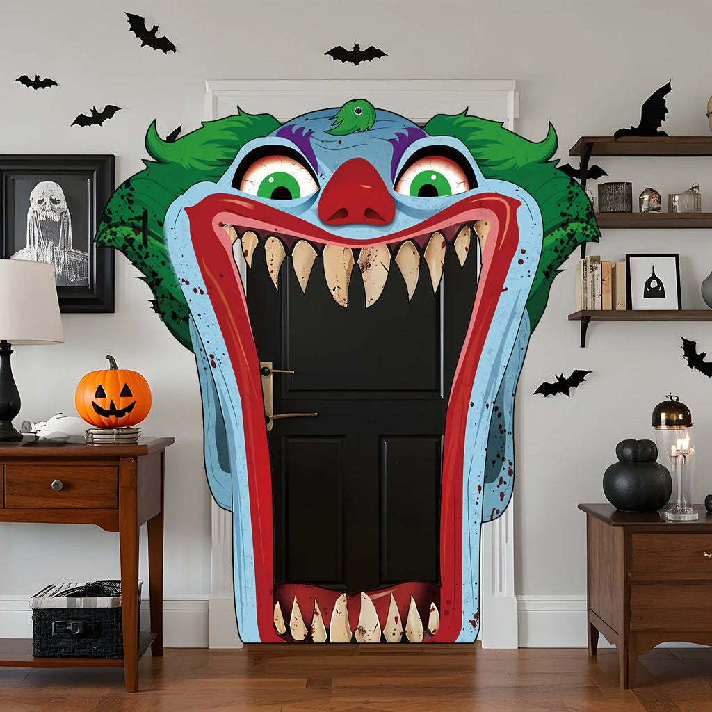 2D Door Banner, Large Horror Halloween Clown Door Decoration - Bloody Knife and Eerie Smile, Suitable for Parties 2026