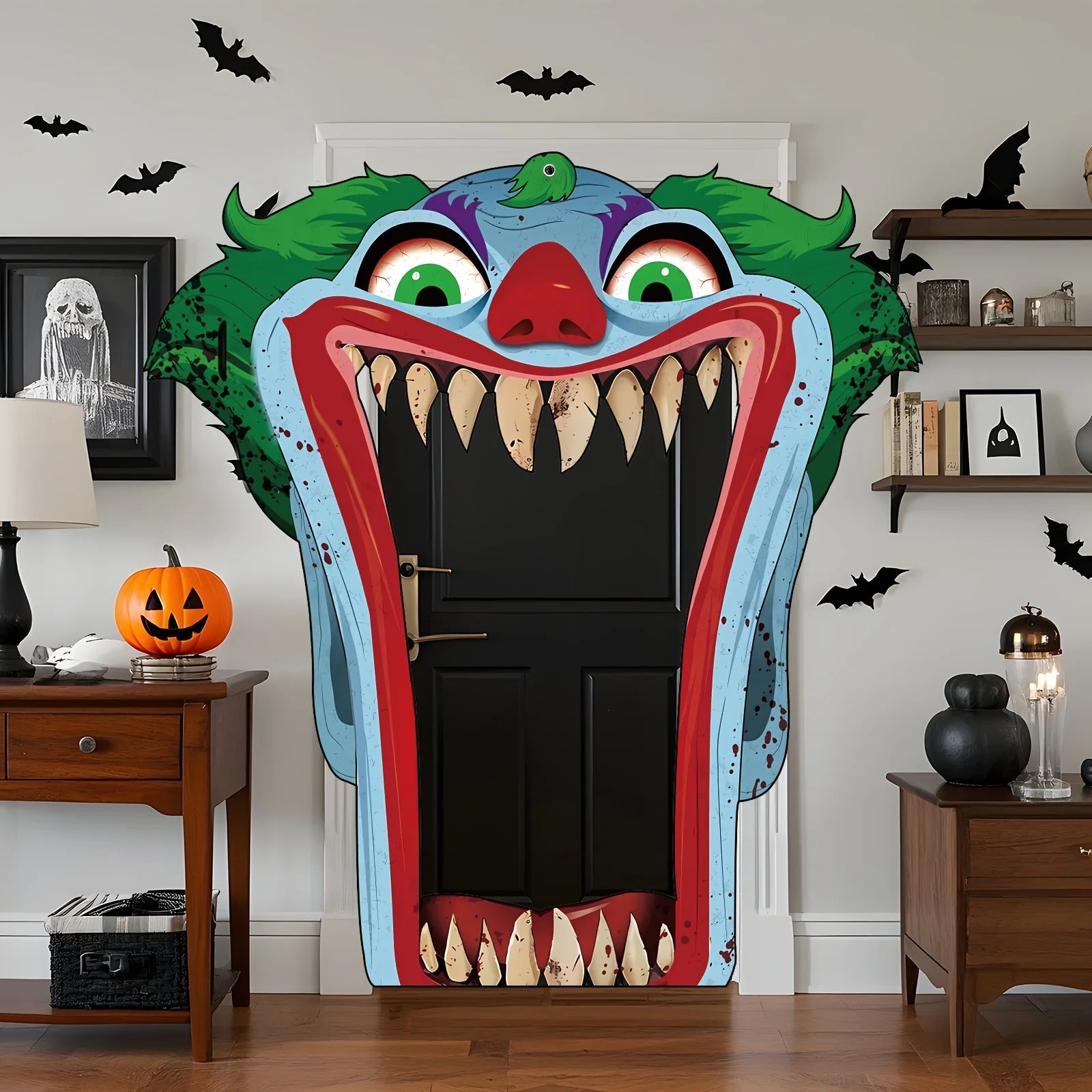 2D банер за врата, голяма декорация за врата с ужасяващ клоун за Хелоуин - кървав нож и зловеща усмивка, подходяща за партита 2026