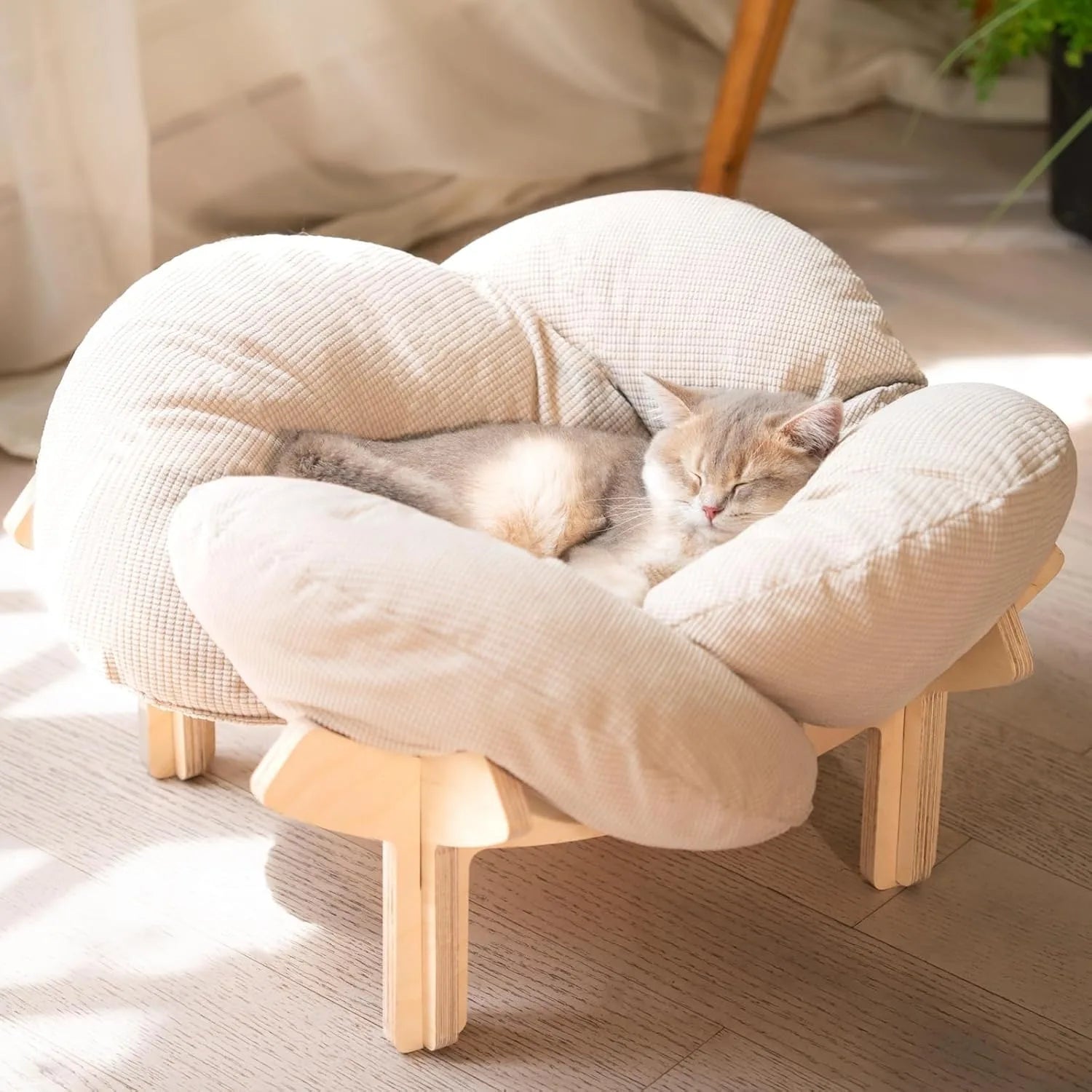 Erhöhtes Katzenbett, weiches Kissen aus Holz, flauschiges Haustiersofa, Katzensofa für den Innenbereich, geeignet für kleine Hunde und Katzen, Möbel (groß)