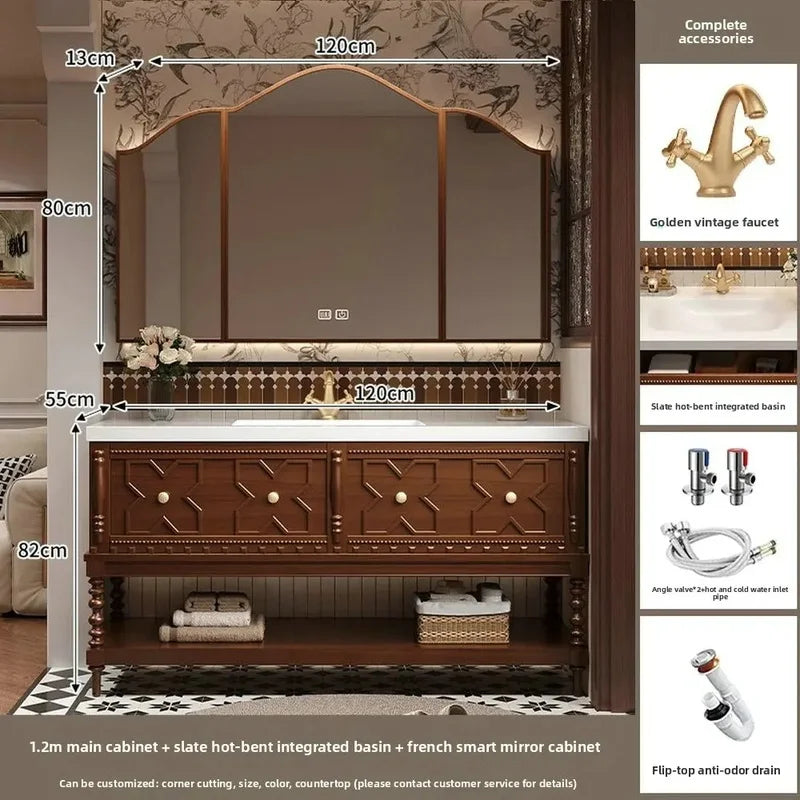 Customized Solid Wood Bathroom Vanity with Sintered Stone Sink, Toiletries Storage, and Smart Mirror Cabinet Package