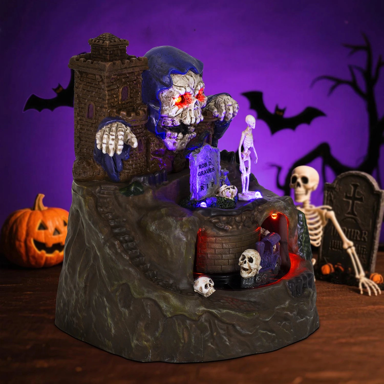Animated Halloween Village House Decor with Moving Train Pre-Lit Music Skull Ghosts Tombstones Figurines Spooky Party Atmosphere