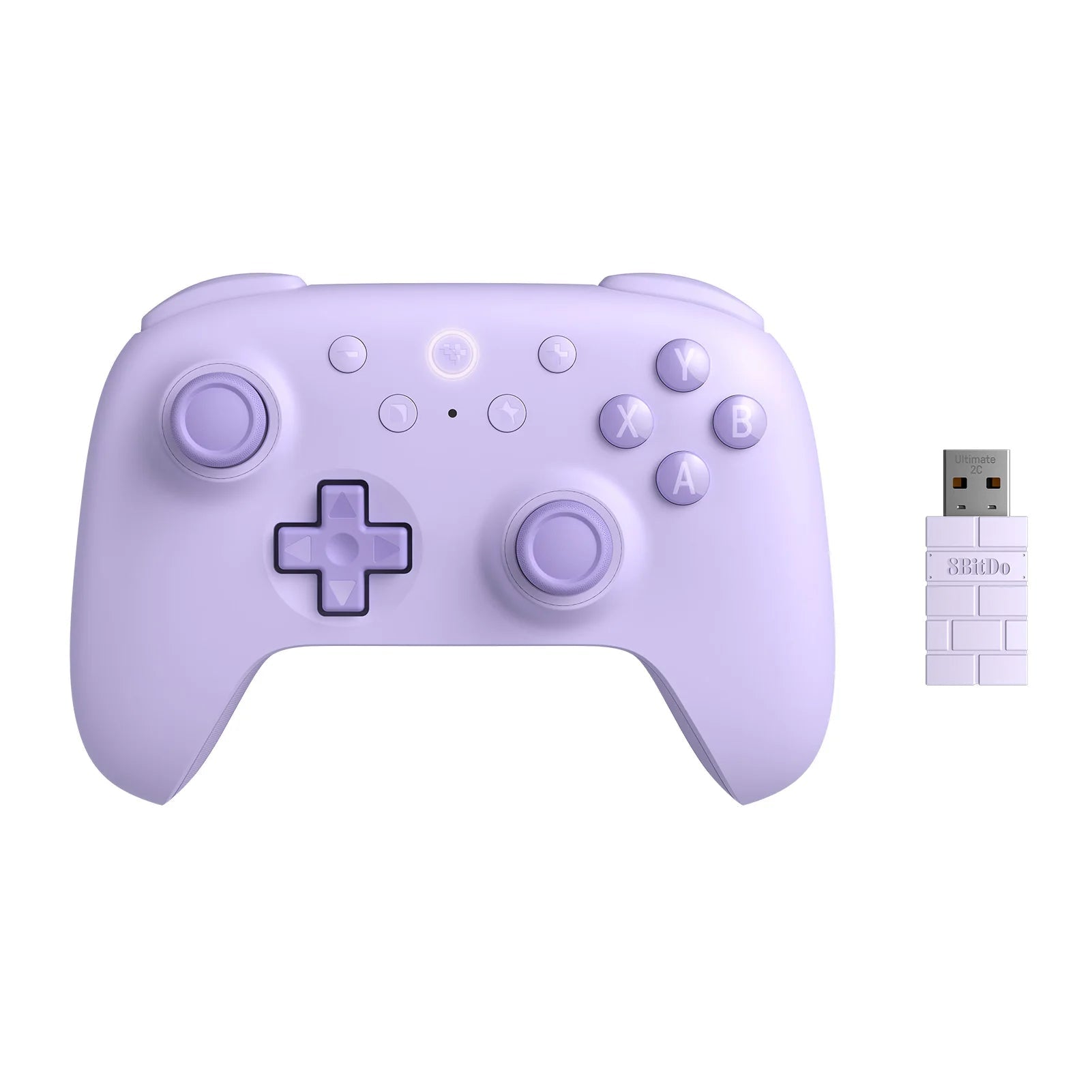 Purple gaming controller with wireless receiver on a white background