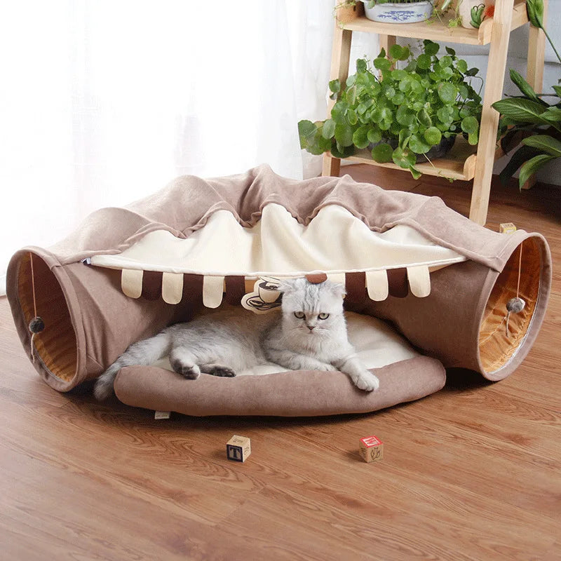 Cat Beds House 3 in 1 Round Funny Soft Warm Plush Cat Bed Cat Tunnel Toy for Small Dogs Basket Kittens Bed Mat Kennel Pet Nest