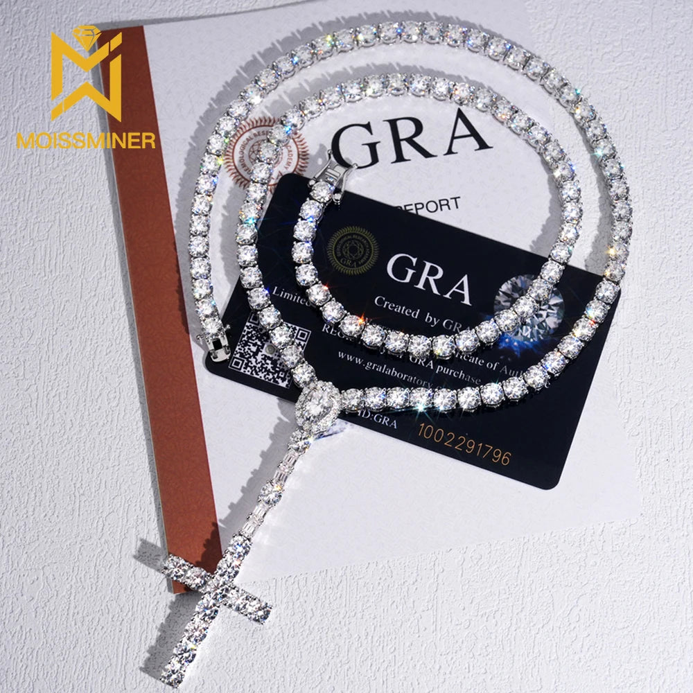 3mm Moissminer VVS Moissanite Long Cross Pendant with Tennis Link Chain Necklaces For Men Women S925 Silver Choker GRA Hip Hop