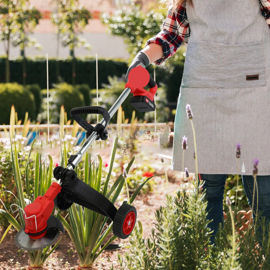 Cordless Weed Trimmer Edger Electric 21V 5C 1.5Ah Lithium Battery US Charger with Wheel Brush Cutter for Lawn Care Garden Work