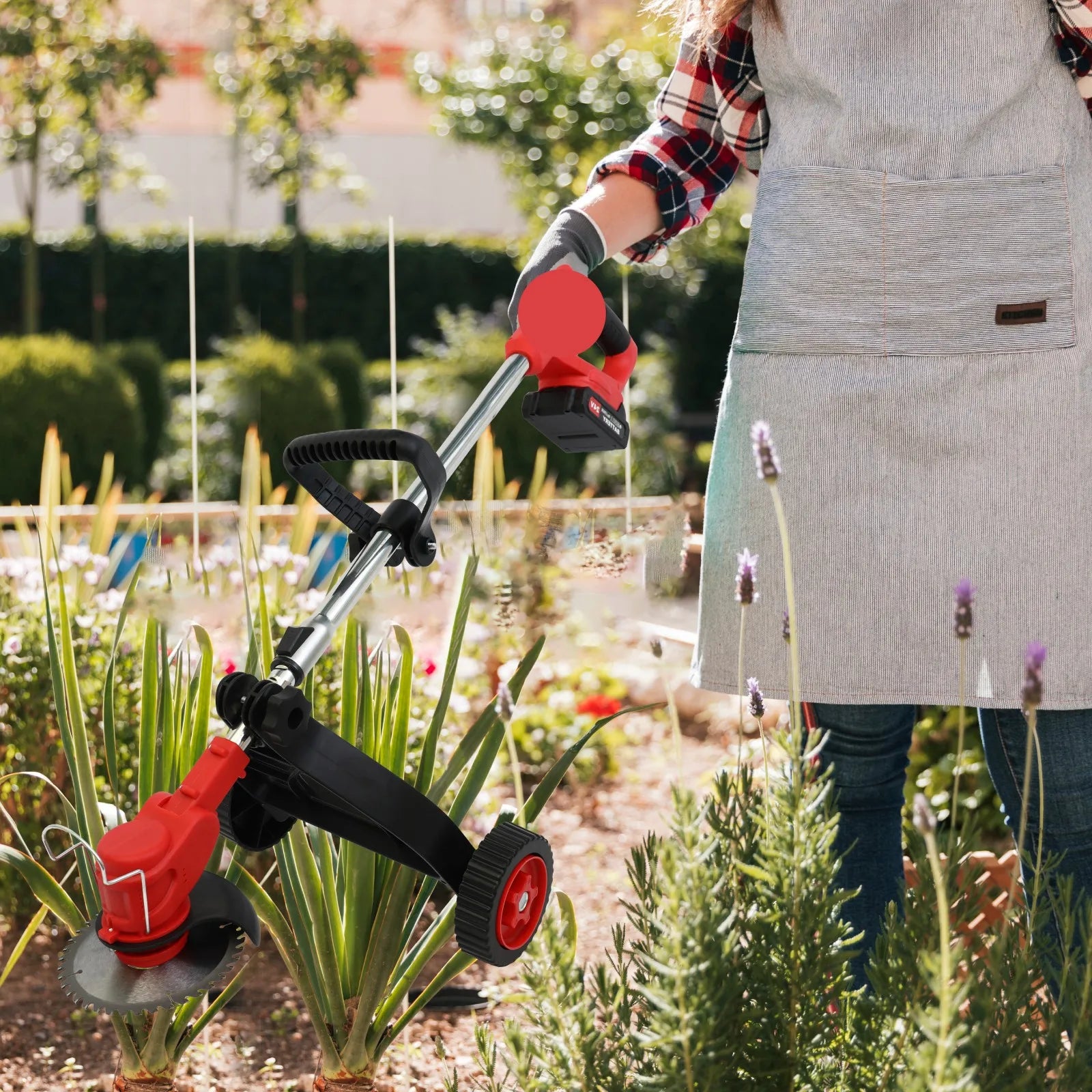 Cordless Weed Trimmer Edger Electric 21V 5C 1.5Ah Lithium Battery US Charger with Wheel Brush Cutter for Lawn Care Garden Work