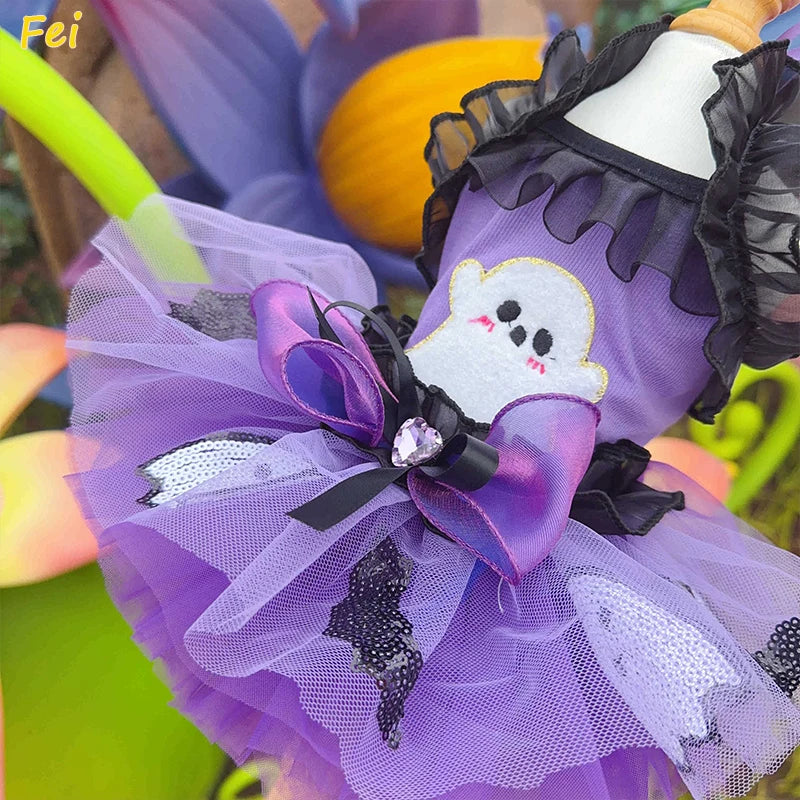 2025 Luxury Halloween Pet Dog Dress, Handmade Purple Ghost Bow Sling Princess Costume for Small Dog & Cat, Fashion Puppy Apparel