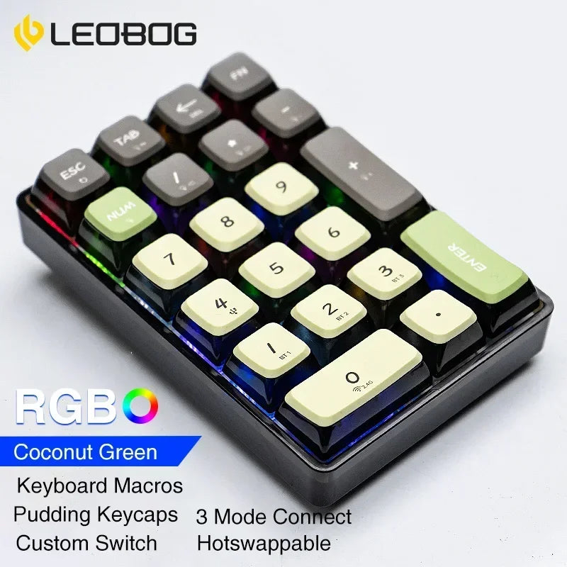 LEOBOG K21 Wireless Mechanical Numpad Keyboard 21 Key RGB 3 BT/2.4GHz/Type C Wired Hot Swappable Transparent Keycaps Keyboard