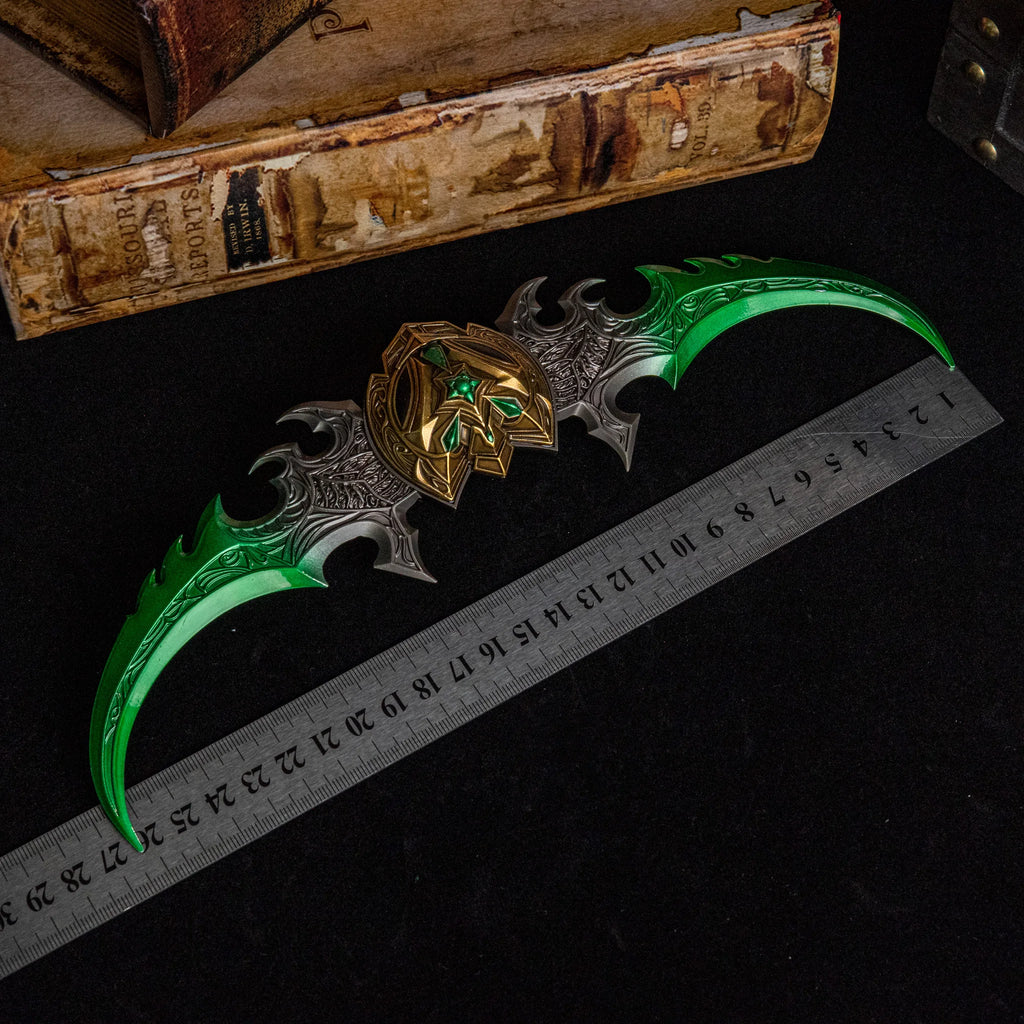 Premium 27cm Twin Blade of Azzinoth Replica, Heavy 220g Illidan Warglaive, Green Fel Blade Metal WoW Model