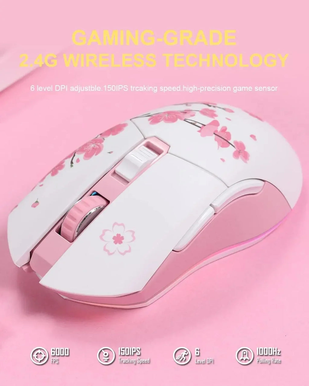DAREU Sakura Pink Wireless Wired Gaming Mouse Dual-Mode Rechargeable 7 Buttons DPI RGB and 7 Adjustable DPI for PC Notebook Mac