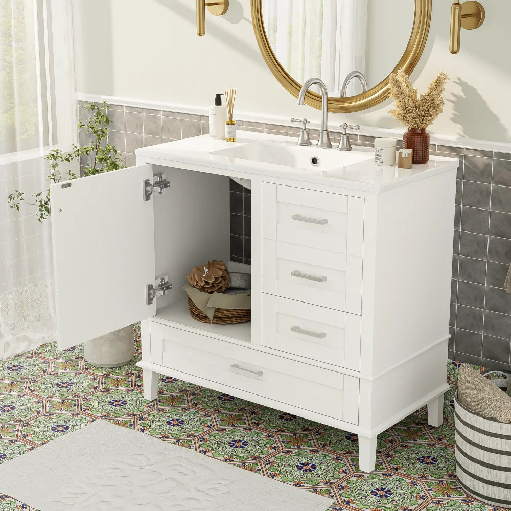 36" White Bathroom Vanity with Solid Pine Frame, 1 Soft Close Door and 3 Drawers , Modern Storage Cabinet
