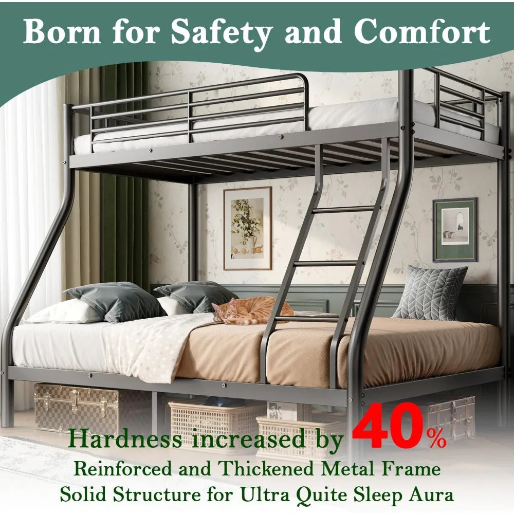 Bunk Beds Twin Over Full Size, Heavy Duty Bunk Beds with Bottom Space & Guardrail Metal Bunk Bed Frame for Aldults Dorm Bedroom