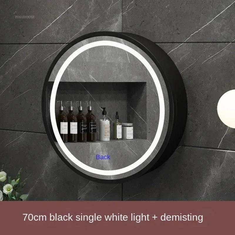 Nordic LED Smart Bathroom Mirror Cabinets Solid Wood Oval Bathroom Wall Hanging Round Vanity Mirrors with Storage Shelf b