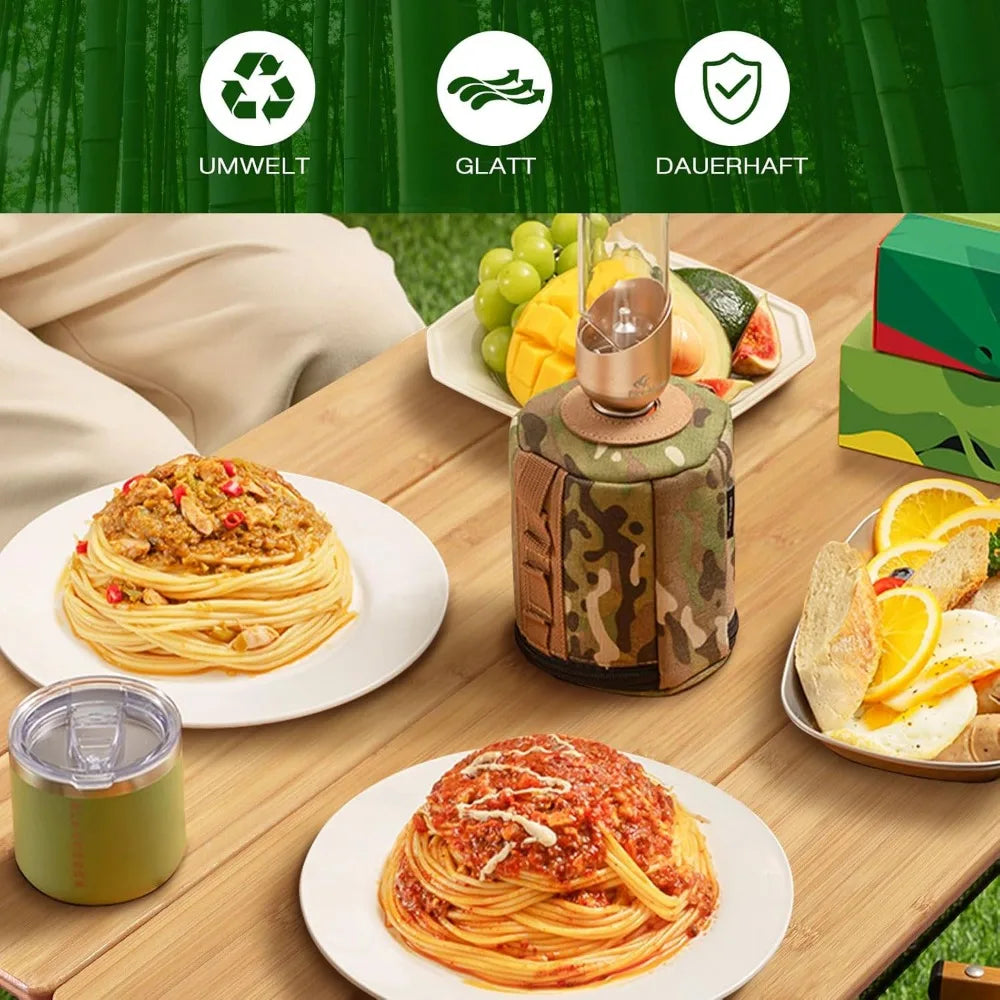 Bamboo Folding Camping Table 4 Folds with Adjustable Aluminum Legs Portable Picnic Table with Storage and Carry Bag for Outdoor