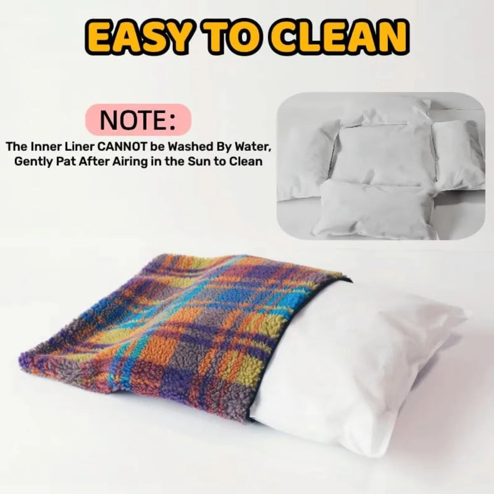 "cozy plaid cat and small dog sofa bed with self-warming feature for indoor use"